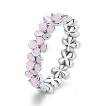 Flower Silver 925 Ring Pink Zircon Daisy Flower Enamel Rings For Female Fingers  - £24.61 GBP