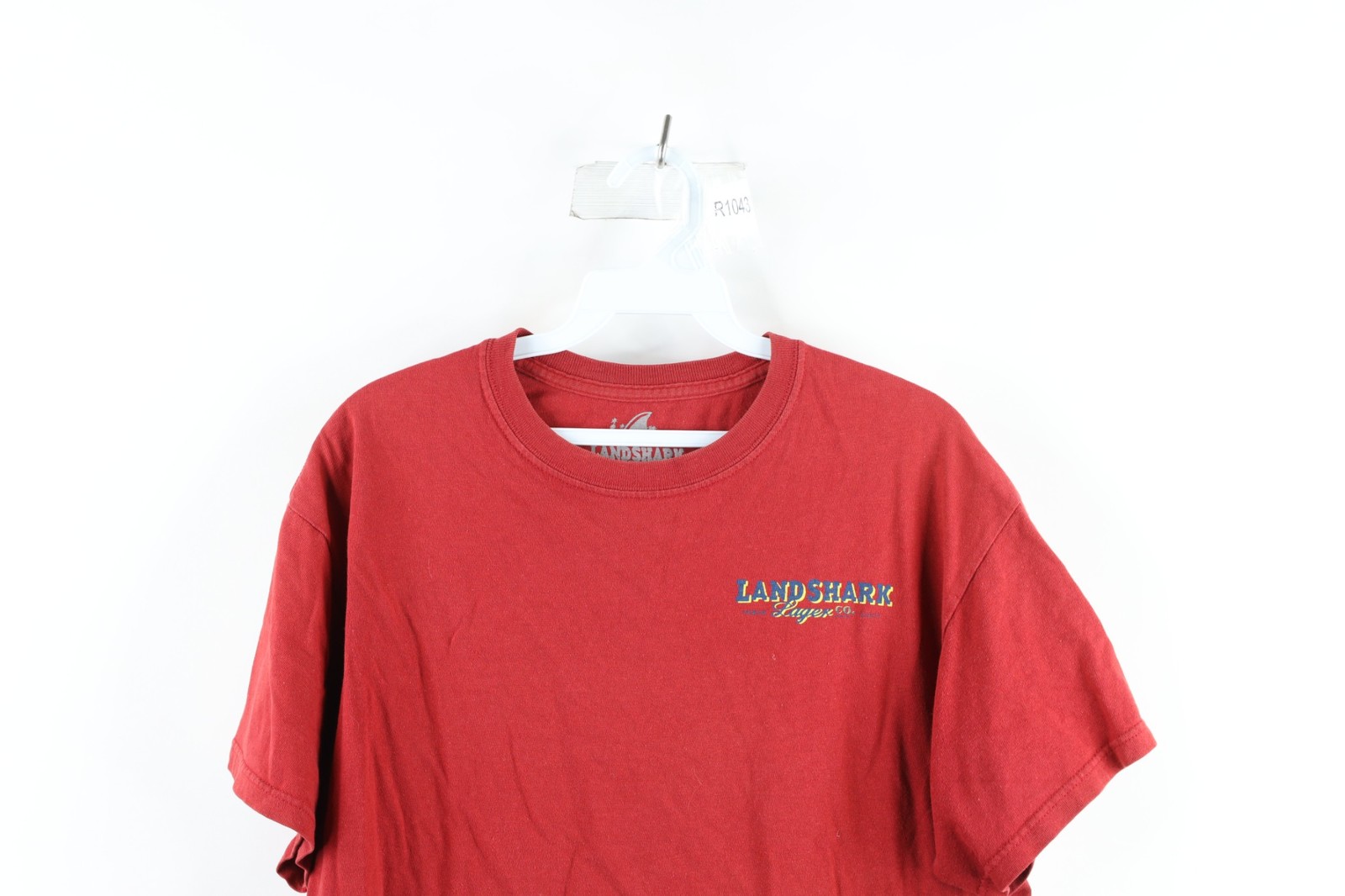 Landshark Lager Mens Medium Faded Spell Out Short Sleeve T-Shirt Red Cotton - $19.75
