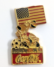 VTG Coca Cola World Cup USA 1994 FIFA Dog American Flag Soccer Ball Pin Souvenir - $12.99