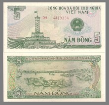 Viet Nam P92, 5 Dong, Flag Tower / trestle bridge, river, boats 1985 UNC - £1.90 GBP