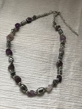 Estate Purple Amethyst Stone Nugget with Carved Silvertone Beads Necklace –  - £12.61 GBP
