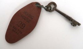 Vintage Skeleton Key on Leather Keychain Irving House Dalton MA Room # 29 - £7.83 GBP