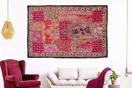 Indian Heavy Hand Embroidered Wall Hanging Vintage Zari Patchwork Beads Tapestry - £58.50 GBP