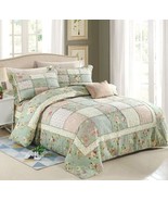3pc Green &amp; Pink Floral Patchwork 100% Cotton Queen Bedspread Quilt Set - £180.95 GBP