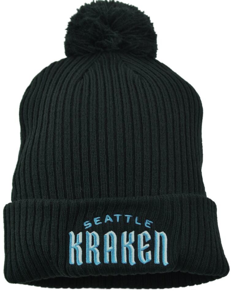 Seattle Kraken Black Wordmark Logo Pom Cuffed Knit Men's Winter Hat