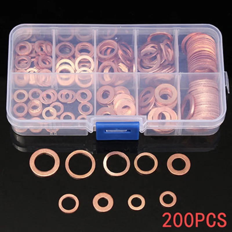 200Pcs Copper Washer Gasket Nut and Bolt Set Flat Ring Seal Assortment Kit wit - £17.50 GBP
