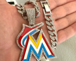 Large CZ Bling Miami Marlins Silver Pendant Iced 12mm Cuban Chain Neckla... - £24.94 GBP