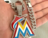 Large CZ Bling Miami Marlins Silver Pendant Iced 12mm Cuban Chain Neckla... - $31.67