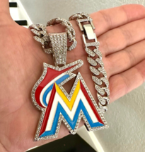 Large CZ Bling Miami Marlins Silver Pendant Iced 12mm Cuban Chain Neckla... - $31.67