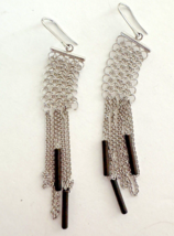 Emporio Armani Earrings Sterling Silver Chainmail Long Dangle Black Rods Signed - £41.00 GBP