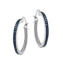1/2 CT Round Blue &amp; White Simulated Gemstone Hoop Earrings 925 Sterling Silver - £59.77 GBP