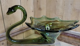 1960s Sooner Art Glass Green Brown Swirl Hand Blown Swan Bowl Planter Ru... - €83,62 EUR