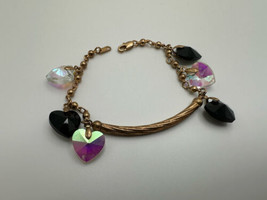Vintage 18k Gold Plate Iridescent Heart Charm Bracelet 7.5 inches - £23.87 GBP