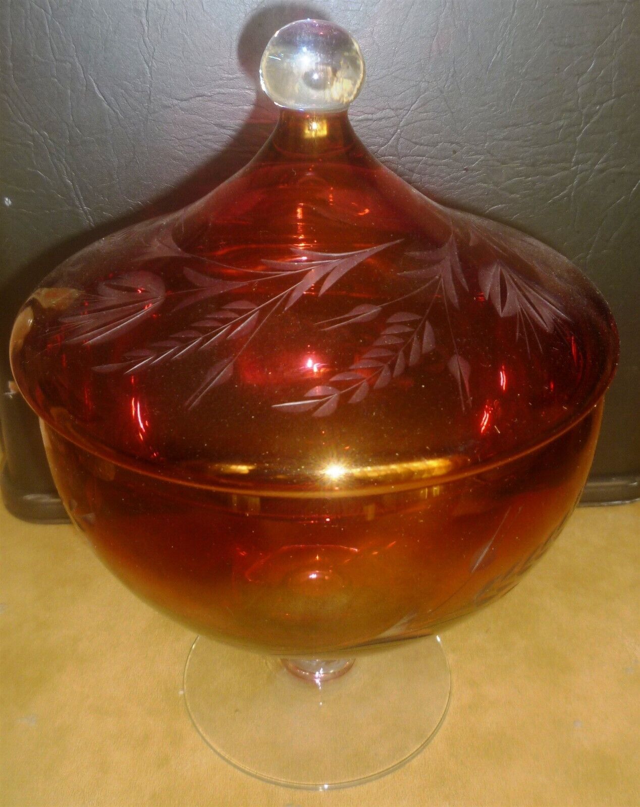 VINTAGE BOHEMIAN RED ETCHED GLASS FOOTED LIDDED COMPOTE - $37.24