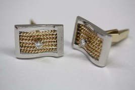14K Two-tone Cufflinks Rectangle Rope Pattern w/ Diamonds 0.20ct tw (10.8 gr ) - £735.75 GBP