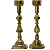 Vintage Set Of 2 Solid Brass Candle Stick Holders 11&quot; Square Base 2 sizes Adjust - £63.58 GBP