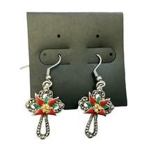 Dangling Earrings Poinsettia Cross Hanging Red Green Silver Christmas Holiday - £16.99 GBP