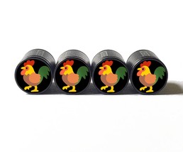 Colorful Rooster Chicken Emoji Tire Valve Stem Caps - Black Aluminum - Set of Fo - £12.64 GBP