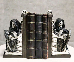 Gothic Grim Reaper Sitting On Skulls And Skeleton Bones Thrones Bookends Statue - $48.99