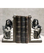 Gothic Grim Reaper Sitting On Skulls And Skeleton Bones Thrones Bookends... - $66.54 CAD