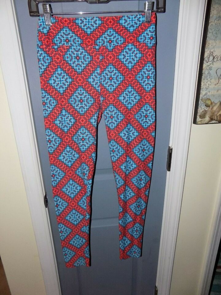Lularoe Turquoise &amp; Salmon Geometric Design Leggings Size OS Women&#39;s EUC - $25.76
