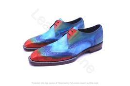 Men&#39;s Handmade Blue Patina Wingtip Derby Leather Dress Shoes For Men - $162.44