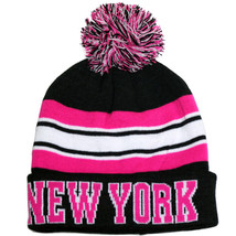 New York City Hunter Men's Striped Winter Knit Cuffed Pom Beanie Hat Blk/Fuschia - $14.95