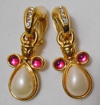 Vtg 80&#39;s Dangle Statement EARRINGS Clip On Pink Cabochon Faux Pearl Rhinestones - £39.50 GBP