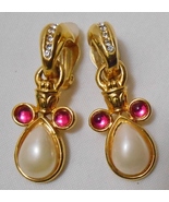 Vtg 80&#39;s Dangle Statement EARRINGS Clip On Pink Cabochon Faux Pearl Rhin... - £39.27 GBP