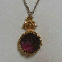 Vintage Unsigned Goldette Amethyst Intaglio Glass Pendant Necklace - $64.35