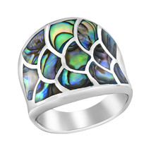 Fantasy Mermaid Scales Rainbow Abalone Shell Wide Band Sterling Silver Ring-9 - £31.06 GBP
