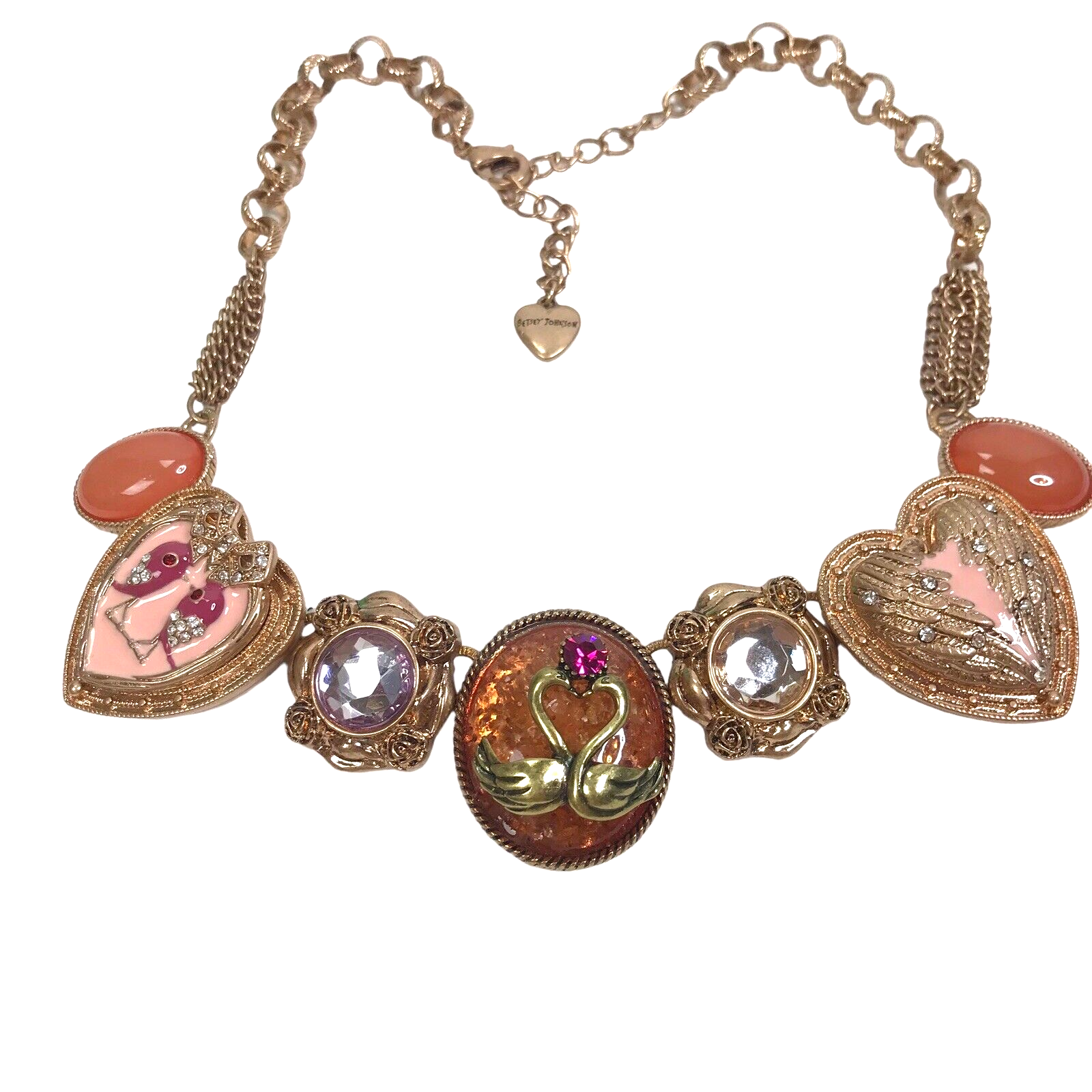 Primary image for Vintage Betsey Johnson Necklace Hearts Love Birds Rhinestone Statement Pink