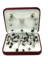 Black Crystals Rosary Beads Necklace Jerusalem Soil Catholic Jesus Cross - £15.59 GBP