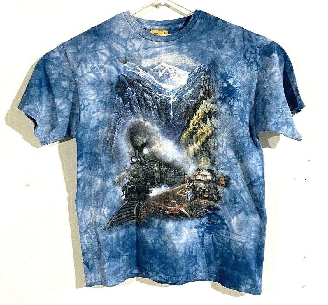 Vintage The Mountain Mens T Shirt Train Engine Ted Blaylock 1999 Blue Tie Dye XL - $33.65
