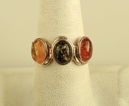 Vintage Sterling Silver 925 RJ Triple  Oval Yellow Green Amber  Ring - £35.78 GBP