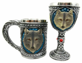 Large Celtic Blue Alpha Gray Wolf Mug And Wolf Wine Goblet Chalice Cup S... - £35.16 GBP