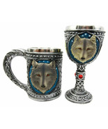 Large Celtic Blue Alpha Gray Wolf Mug And Wolf Wine Goblet Chalice Cup Set of 2 - $43.99