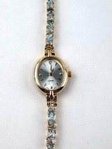 Gold Tone Woman&#39;s Wristwatch Blue Oval Topaz &amp; CZ Band 7.75&quot; Japan Movt - £15.56 GBP