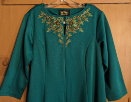 BOB MACKIE Wearable Art Green w/ Gold Embroidered Maxi Dress Womens Sz Large - £30.75 GBP