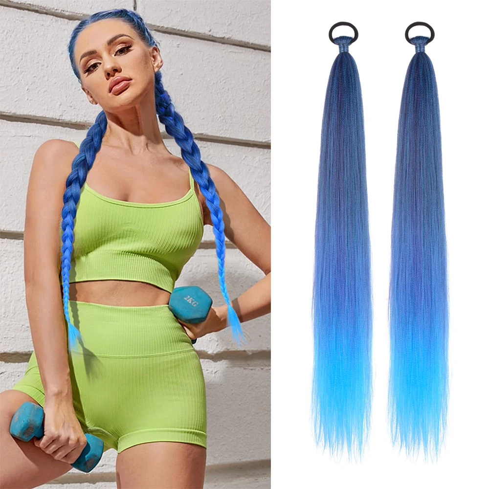 Tail extension with elastic tie straight sleek wrap braid yellow blue gradient ponytail thumb200