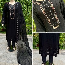 Pakistani Black 3 Pcs Fancy  Chiffon Dress with embroidery &amp; Squins work,M - £95.67 GBP