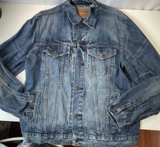 Levis Strauss Denim Jean Trucker Jacket Dark Wash Distressed Cotton 7058... - $28.70