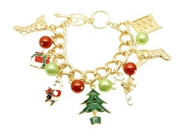 Christmas Tree Santa Candy Cane Goldtone Womens Charm Bracelet, 7.25+1&quot; Ext. - £11.79 GBP