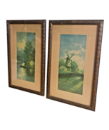 1930s Art Prints Set Pair 2 Framed Cottage River Fishing Windmill Devoe ... - $3,769.41 MXN