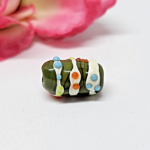 Artisan Lampwork Glass Barrel Drum Bead Green White Blue Hobnail Dot - £10.31 GBP