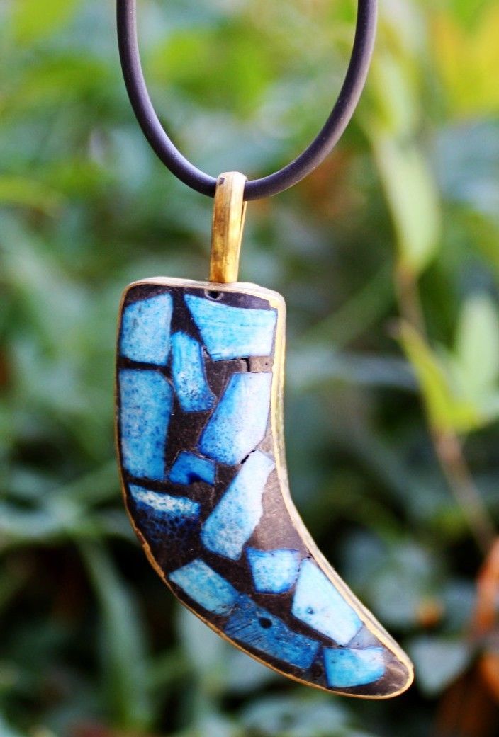 Big Crescent Moon Shaped Tibetan Brass Turquoise Gemstone Inlay Amulet N... - $8.05