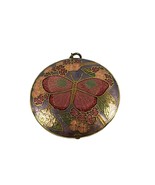 Vintage Cloisonne Butterfly Round Pendant Burgundy Purple Floral Double ... - $24.75