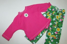 18&quot; doll clothes hand made pajama outfit flower pink top Love green pant... - $10.39