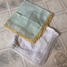 Two (2) Vintage Handkerchief Green  and White Crocheted Lace Edge  - £9.49 GBP