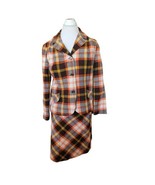 Vintage 60s Womens Wool Skirt Suit Set Plaid Size 8 Orange Brown Preppy ... - $72.40